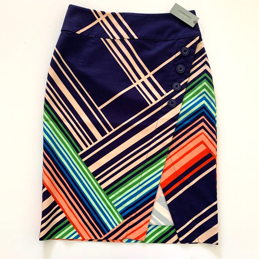 NWT Anthropologie Postmark Chevron Asymmetric Faux Wrap Pencil Skirt 4p 2 Cotton